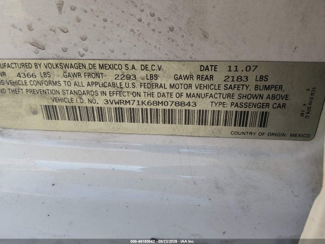 2008 Volkswagen Jetta Se/sel მანქანა იყიდება აუქციონზე, vin: 3VWRM71K68M078843, აუქციონის ნომერი: 46180542