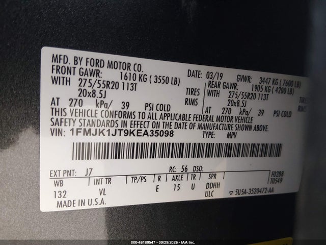 Продажа на аукционе авто 2019 Ford Expedition Max Xlt, vin: 1FMJK1JT9KEA35098, номер лота: 46180547