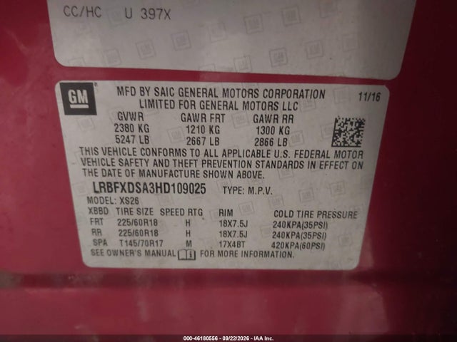46180556 :رقم المزاد ، LRBFXDSA3HD109025 vin ، 2017 Buick Envision Essence مزاد بيع