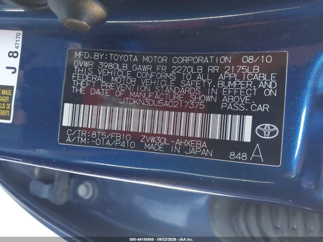 46180568 :رقم المزاد ، JTDKN3DU5A0217375 vin ، 2010 Toyota Prius Ii مزاد بيع