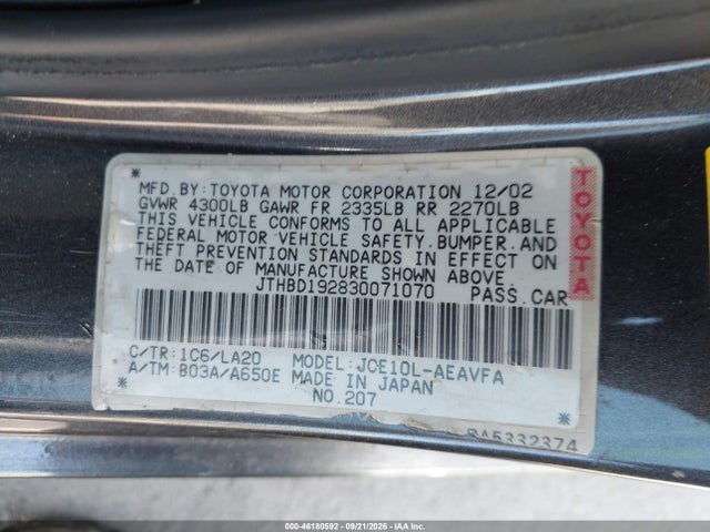 2003 Lexus Is 300 Base W/5-speed Auto მანქანა იყიდება აუქციონზე, vin: JTHBD192830071070, აუქციონის ნომერი: 46180592