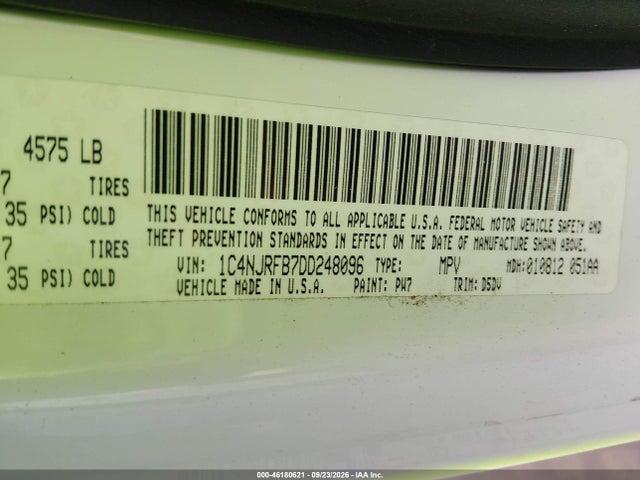 Продажа на аукционе авто 2013 Jeep Patriot Latitude, vin: 1C4NJRFB7DD248096, номер лота: 46180621