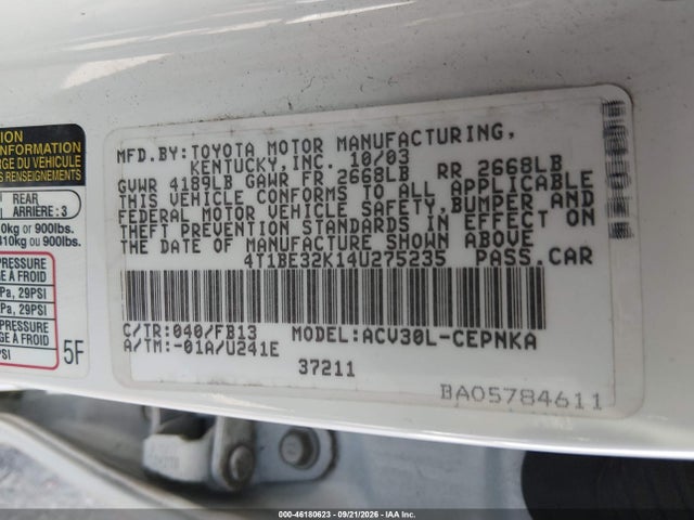 2004 Toyota Camry Le მანქანა იყიდება აუქციონზე, vin: 4T1BE32K14U275235, აუქციონის ნომერი: 46180623