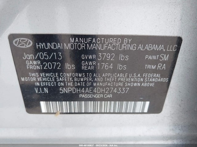 46180637 :رقم المزاد ، 5NPDH4AE4DH274337 vin ، 2013 Hyundai Elantra Gls مزاد بيع