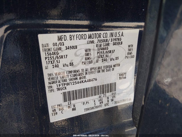 Aukcja sprzedaży 2004 Ford F-150 Lariat/xlt, vin: 1FTPW12544KA48476, numer aukcji: 46180644