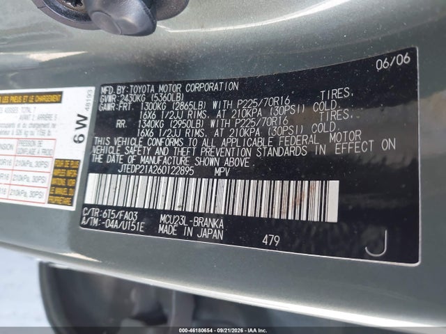 Продажа на аукционе авто 2006 Toyota Highlander V6, vin: JTEDP21A260122895, номер лота: 46180654