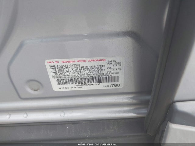 46180663 :رقم المزاد ، JA4AD2A39GZ037898 vin ، 2016 Mitsubishi Outlander Es مزاد بيع