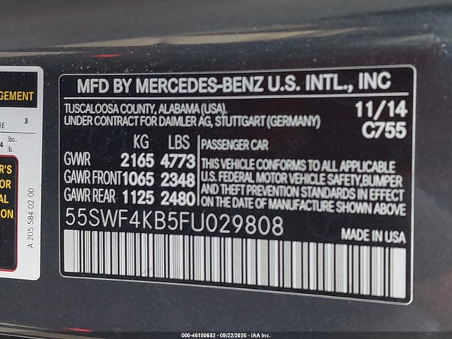 46180682 :رقم المزاد ، 55SWF4KB5FU029808 vin ، 2015 Mercedes-benz C 300 4matic مزاد بيع