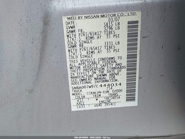 Продажа на аукционе авто 2007 Nissan Frontier Le, vin: 1N6AD07W97C444034, номер лота: 46180692