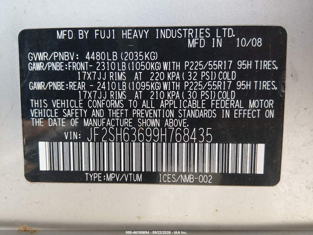 Aukcja sprzedaży 2009 Subaru Forester 2.5x, vin: JF2SH63699H768435, numer aukcji: 46180694