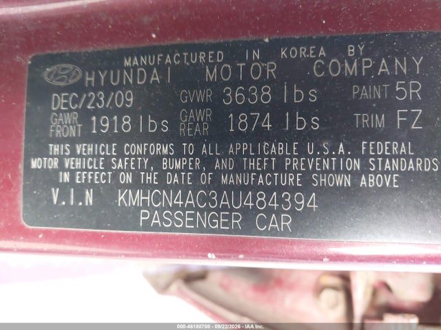 2010 Hyundai Accent Gls მანქანა იყიდება აუქციონზე, vin: KMHCN4AC3AU484394, აუქციონის ნომერი: 46180708