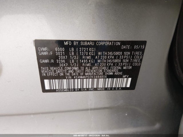 46180717 :رقم المزاد ، 4S4WMAPD7K3484856 vin ، 2019 Subaru Ascent Limited مزاد بيع