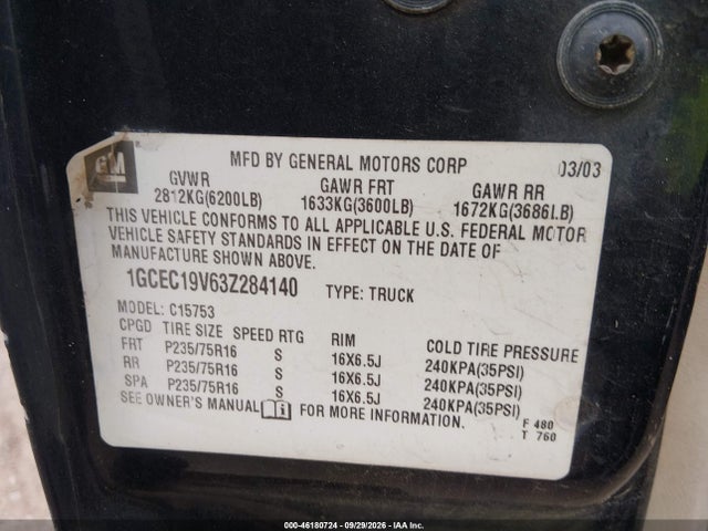 46180724 :رقم المزاد ، 1GCEC19V63Z284140 vin ، 2003 Chevrolet Silverado 1500 مزاد بيع