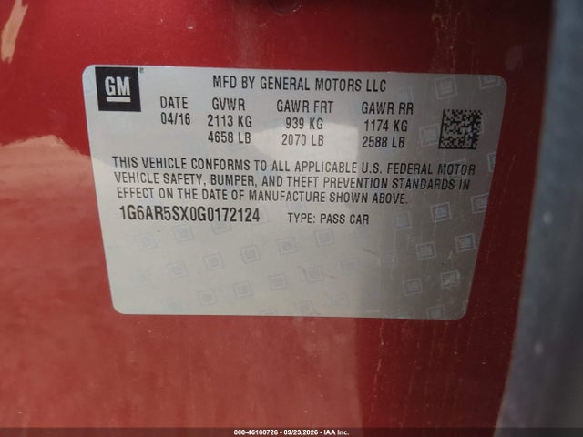 46180726 :رقم المزاد ، 1G6AR5SX0G0172124 vin ، 2016 Cadillac Cts Luxury Collection مزاد بيع