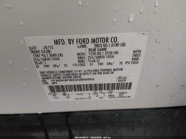 Продажа на аукционе авто 2016 Ford Explorer Limited, vin: 1FM5K8F80GGB00852, номер лота: 46180727