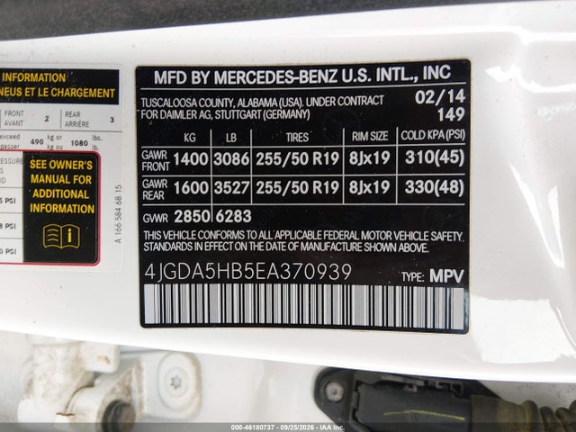 46180737 :رقم المزاد ، 4JGDA5HB5EA370939 vin ، 2014 Mercedes-benz Ml 350 4matic مزاد بيع