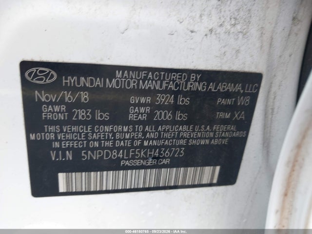 Продаж на аукціоні авто 2019 Hyundai Elantra Sel, vin: 5NPD84LF5KH436723, номер лоту: 46180765
