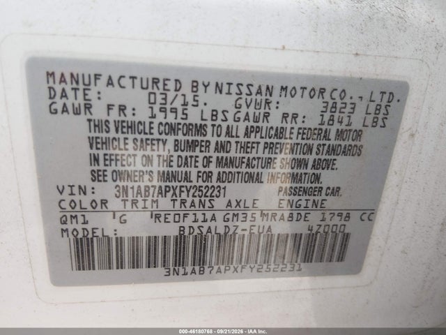 Продажа на аукционе авто 2015 Nissan Sentra Fe+ S/s/sl/sr/sv, vin: 3N1AB7APXFY252231, номер лота: 46180768