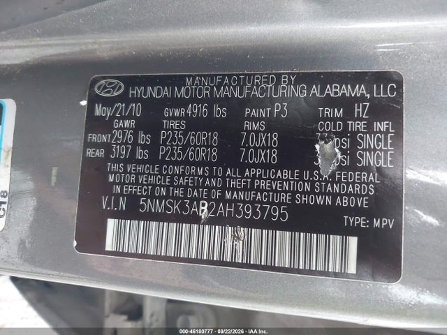 2010 Hyundai Santa Fe Limited მანქანა იყიდება აუქციონზე, vin: 5NMSK3AB2AH393795, აუქციონის ნომერი: 46180777