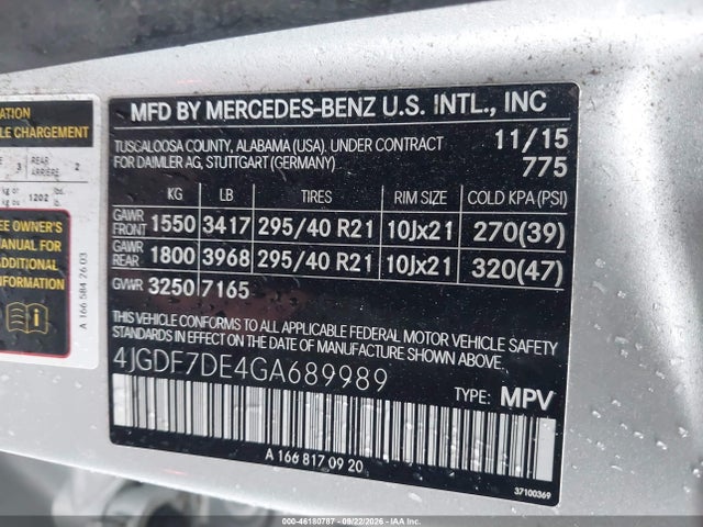 2016 Mercedes-benz Gl Gl 550 მანქანა იყიდება აუქციონზე, vin: 4JGDF7DE4GA689989, აუქციონის ნომერი: 46180787