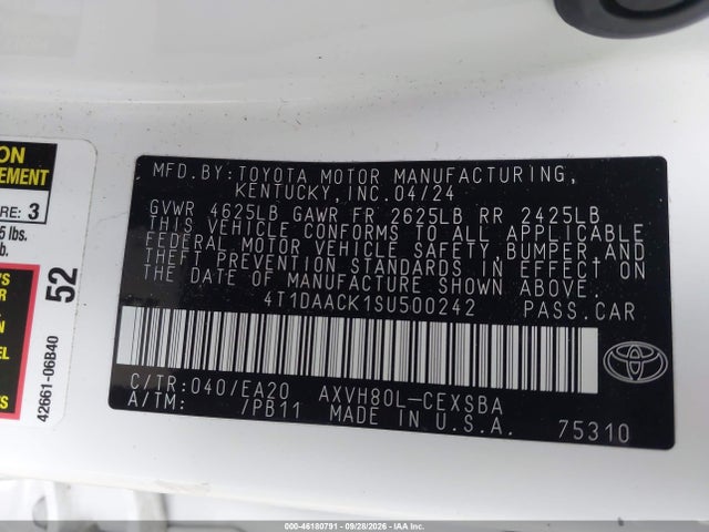 2025 Toyota Camry Se მანქანა იყიდება აუქციონზე, vin: 4T1DAACK1SU500242, აუქციონის ნომერი: 46180791