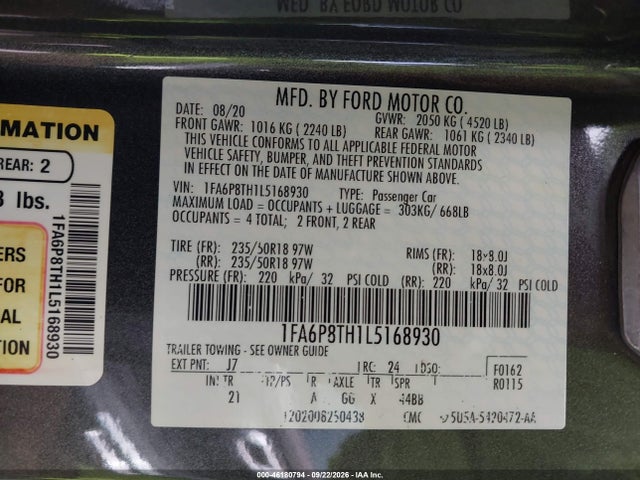 46180794 :رقم المزاد ، 1FA6P8TH1L5168930 vin ، 2020 Ford Mustang Ecoboost Fastback مزاد بيع