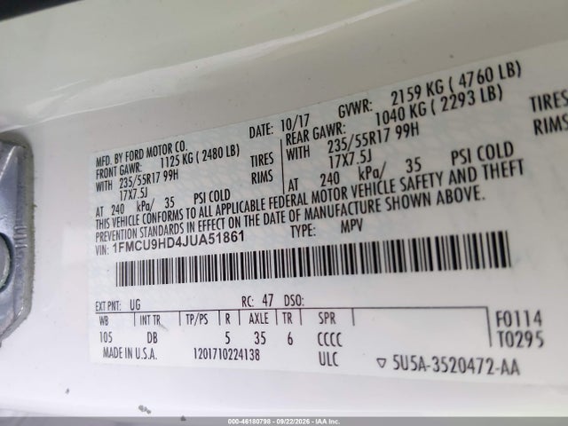 46180798 :رقم المزاد ، 1FMCU9HD4JUA51861 vin ، 2018 Ford Escape Sel مزاد بيع