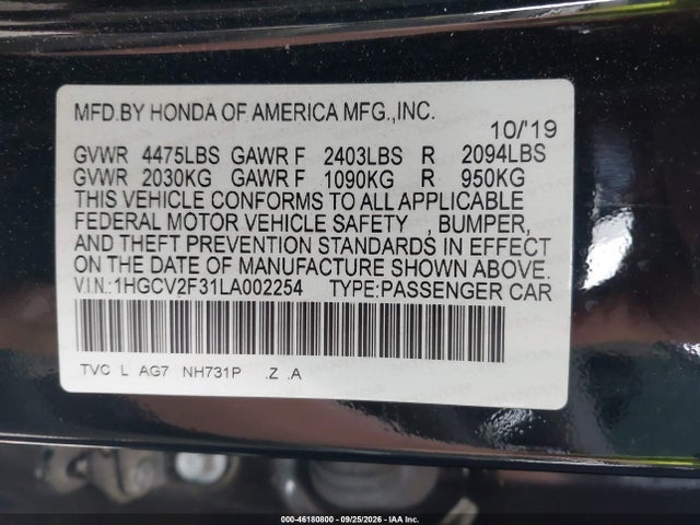 Продаж на аукціоні авто 2020 Honda Accord Sport 2.0t, vin: 1HGCV2F31LA002254, номер лоту: 46180800