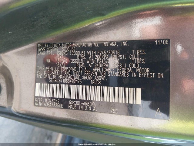 46180819 :رقم المزاد ، 5TBRU34106S482175 vin ، 2006 Toyota Tundra Sr5 مزاد بيع