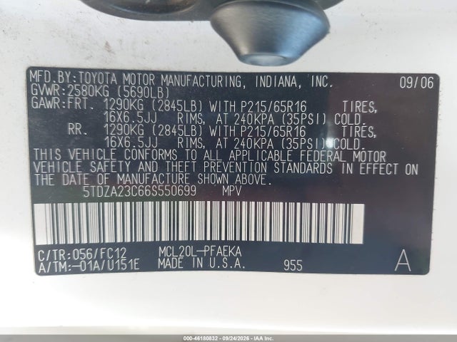 2006 Toyota Sienna Le მანქანა იყიდება აუქციონზე, vin: 5TDZA23C66S550699, აუქციონის ნომერი: 46180832