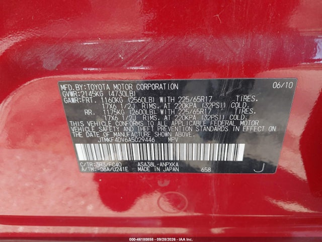 46180858 :رقم المزاد ، JTMKF4DV6A5029446 vin ، 2010 Toyota Rav4 مزاد بيع