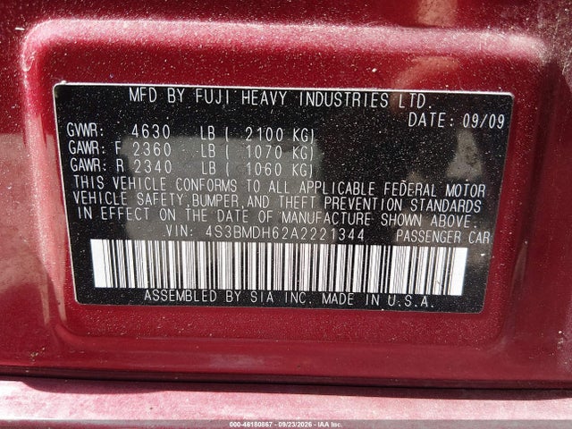 46180867 :رقم المزاد ، 4S3BMDH62A2221344 vin ، 2010 Subaru Legacy 3.6r Premium مزاد بيع
