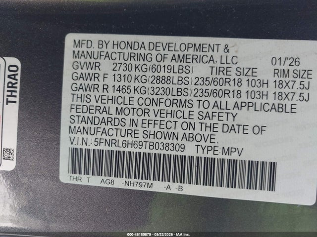 Продаж на аукціоні авто 2026 Honda Odyssey Ex-l, vin: 5FNRL6H69TB038309, номер лоту: 46180879