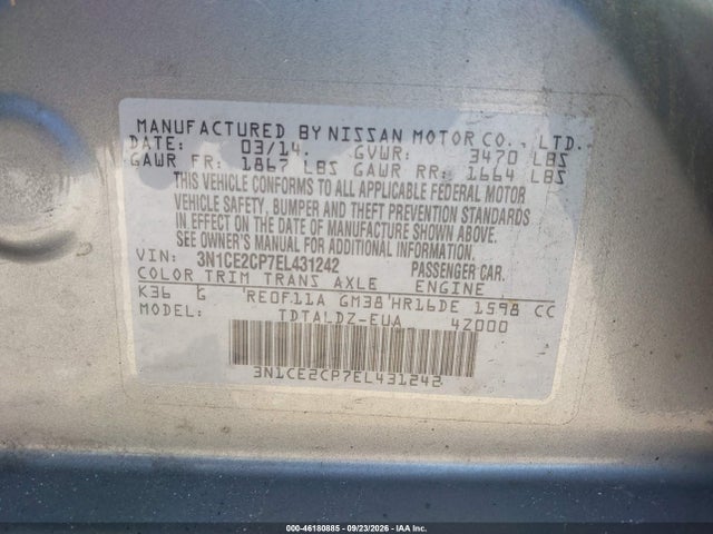 46180885 :رقم المزاد ، 3N1CE2CP7EL431242 vin ، 2014 Nissan Versa Note Sv مزاد بيع