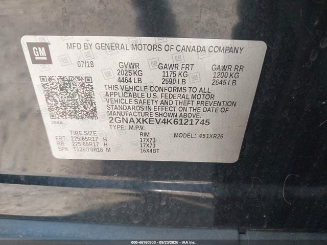 46180900 :رقم المزاد ، 2GNAXKEV4K6121745 vin ، 2019 Chevrolet Equinox Lt مزاد بيع