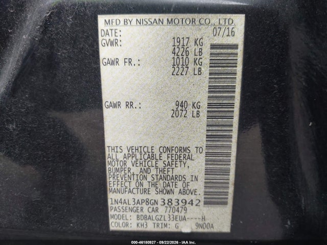46180927 :رقم المزاد ، 1N4AL3AP8GN383942 vin ، 2016 Nissan Altima 2.5 S مزاد بيع