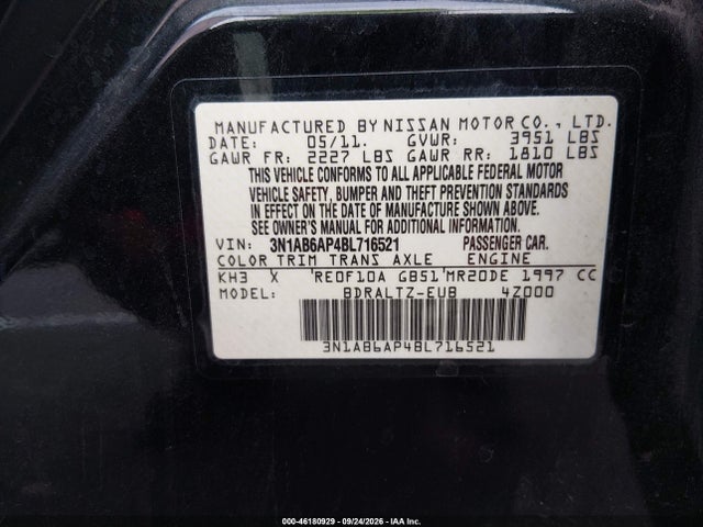 Aukcja sprzedaży 2011 Nissan Sentra 2.0sr, vin: 3N1AB6AP4BL716521, numer aukcji: 46180929
