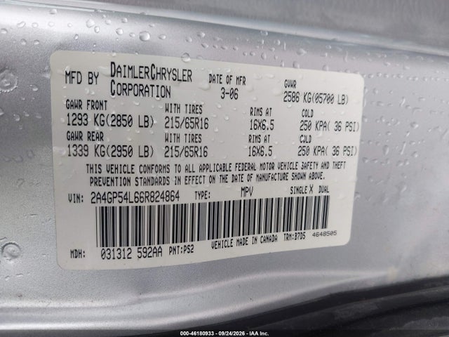 Продажа на аукционе авто 2006 Chrysler Town & Country Touring, vin: 2A4GP54L66R824864, номер лота: 46180933