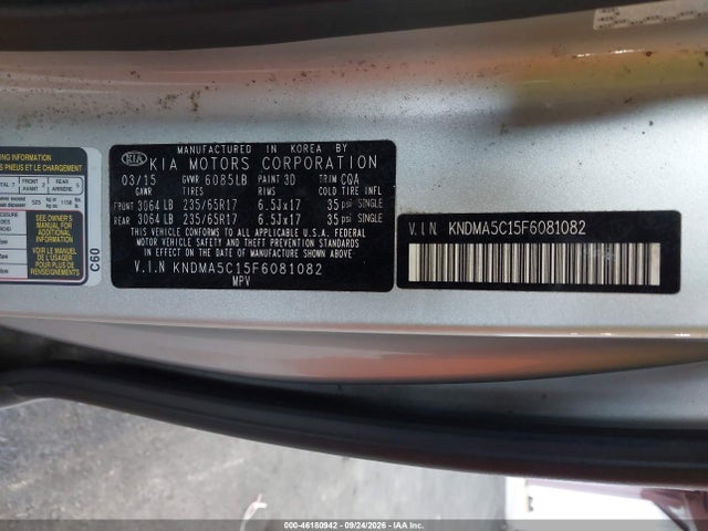 Продажа на аукционе авто 2015 Kia Sedona L, vin: KNDMA5C15F6081082, номер лота: 46180942