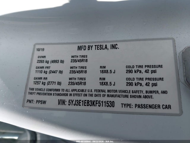 Продаж на аукціоні авто 2019 Tesla Model 3 Long Range/performance, vin: 5YJ3E1EB3KF511530, номер лоту: 46180944