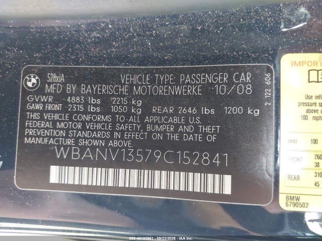 Продажа на аукционе авто 2009 Bmw 528i Xdrive, vin: WBANV13579C152841, номер лота: 46180961