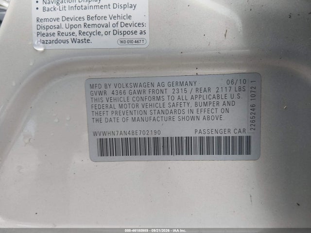 Aukcja sprzedaży 2011 Volkswagen Cc Lux, vin: WVWHN7AN4BE702190, numer aukcji: 46180989