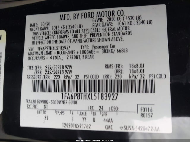 Продаж на аукціоні авто 2020 Ford Mustang Ecoboost Fastback, vin: 1FA6P8THXL5183927, номер лоту: 46180994