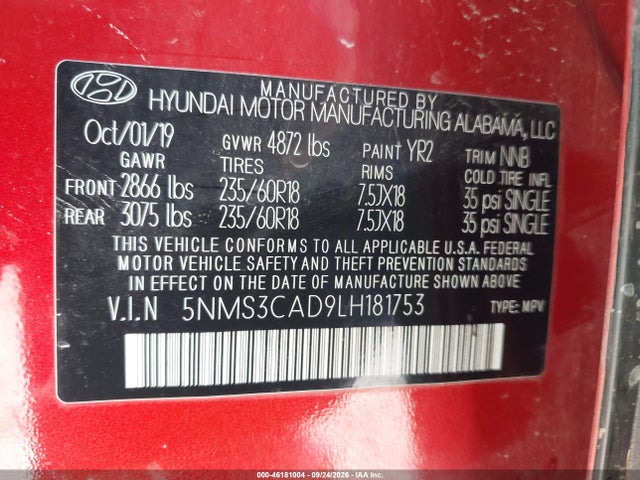 Продаж на аукціоні авто 2020 Hyundai Santa Fe Sel, vin: 5NMS3CAD9LH181753, номер лоту: 46181004