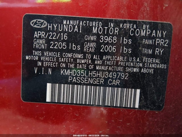 Aukcja sprzedaży 2017 Hyundai Elantra Gt, vin: KMHD35LH5HU349792, numer aukcji: 46181010