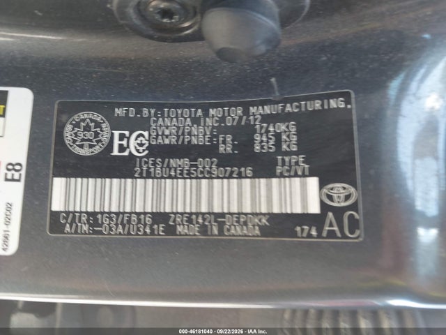 2012 Toyota Corolla Ce მანქანა იყიდება აუქციონზე, vin: 2T1BU4EE5CC907216, აუქციონის ნომერი: 46181040