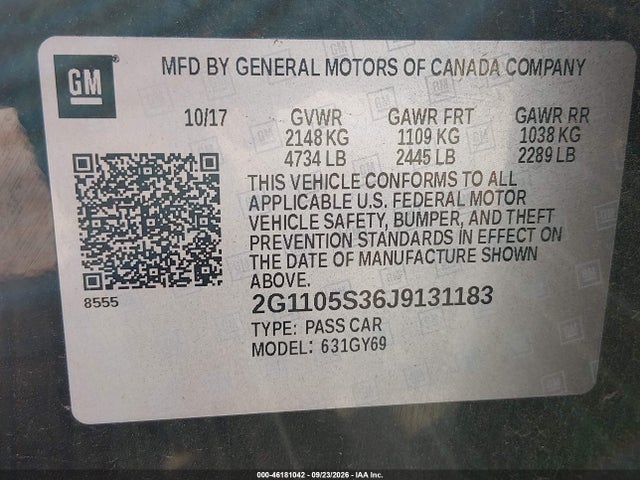 2018 Chevrolet Impala 1lt მანქანა იყიდება აუქციონზე, vin: 2G1105S36J9131183, აუქციონის ნომერი: 46181042