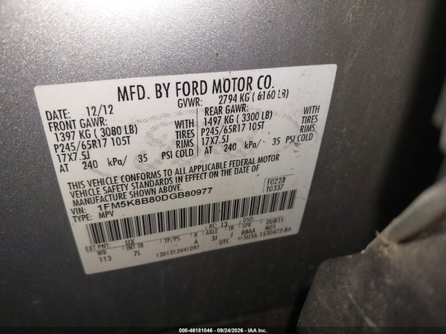 Продаж на аукціоні авто 2013 Ford Explorer, vin: 1FM5K8B80DGB80977, номер лоту: 46181046