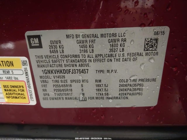 46181048 :رقم المزاد ، 1GNKVHKD0FJ376457 vin ، 2015 Chevrolet Traverse 2lt مزاد بيع