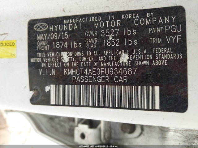 2015 Hyundai Accent Gls მანქანა იყიდება აუქციონზე, vin: KMHCT4AE3FU934687, აუქციონის ნომერი: 46181055